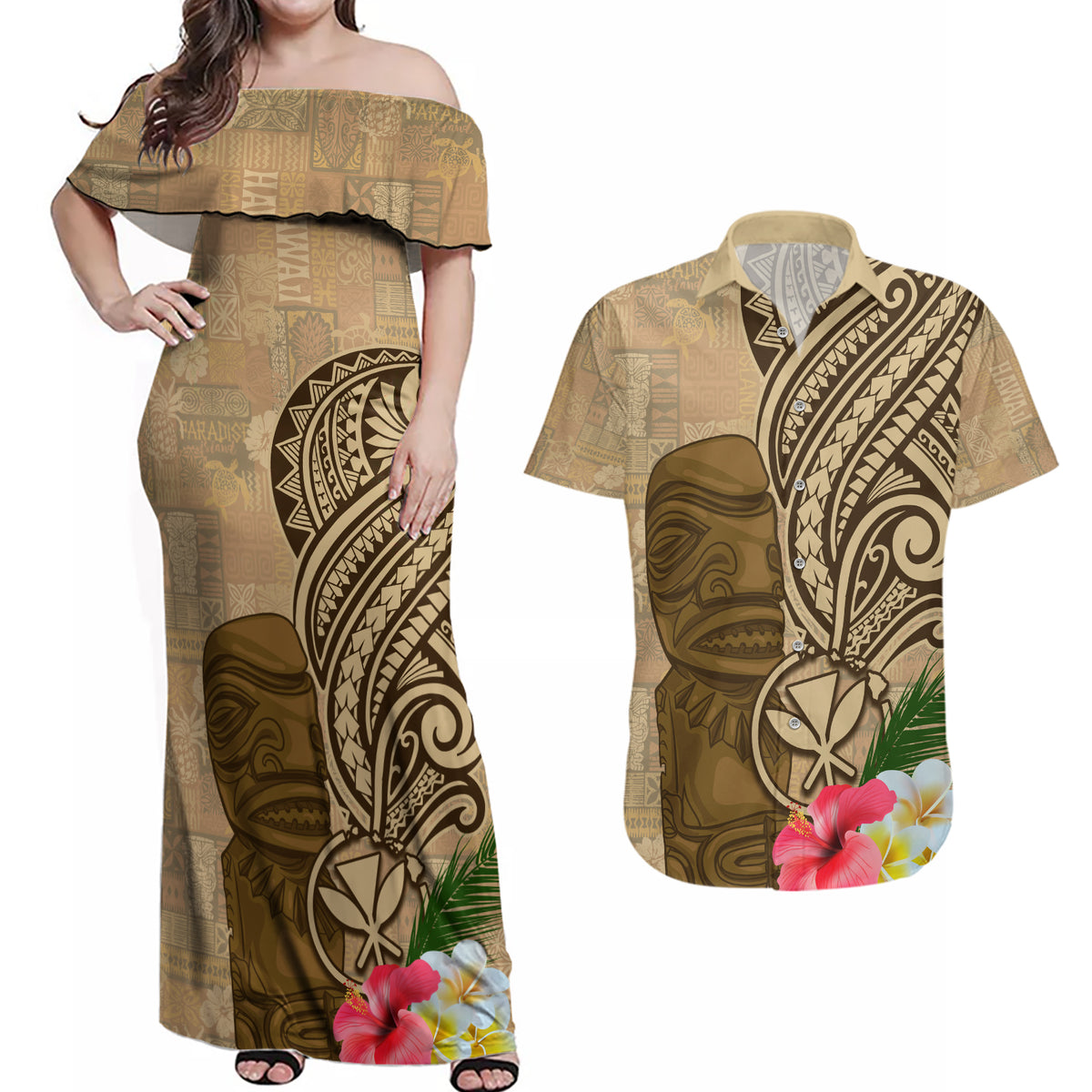 Hawaii Kanaloa Tiki Couples Matching Off Shoulder Maxi Dress and Hawaiian Shirt Polynesian Tattoo and Tapa Pattern LT03 Beige - Polynesian Pride