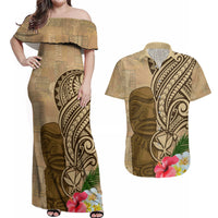 Hawaii Kanaloa Tiki Couples Matching Off Shoulder Maxi Dress and Hawaiian Shirt Polynesian Tattoo and Tapa Pattern LT03 Beige - Polynesian Pride