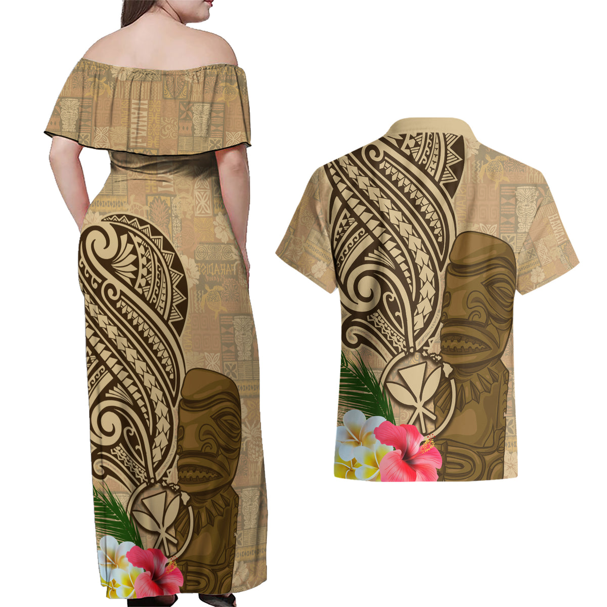 Hawaii Kanaloa Tiki Couples Matching Off Shoulder Maxi Dress and Hawaiian Shirt Polynesian Tattoo and Tapa Pattern LT03 - Polynesian Pride