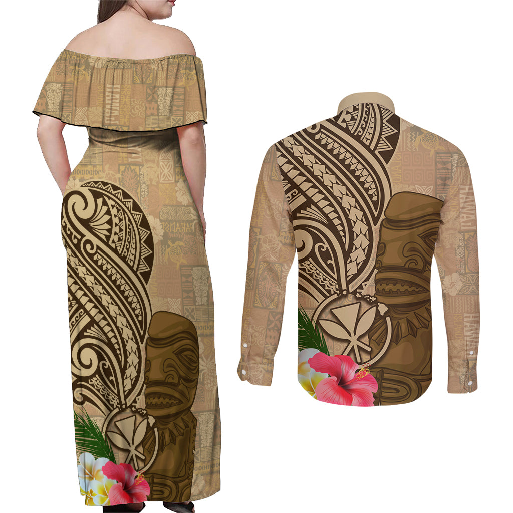 Hawaii Kanaloa Tiki Couples Matching Off Shoulder Maxi Dress and Long Sleeve Button Shirt Polynesian Tattoo and Tapa Pattern LT03 - Polynesian Pride