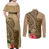 Hawaii Kanaloa Tiki Couples Matching Off Shoulder Maxi Dress and Long Sleeve Button Shirt Polynesian Tattoo and Tapa Pattern LT03 - Polynesian Pride