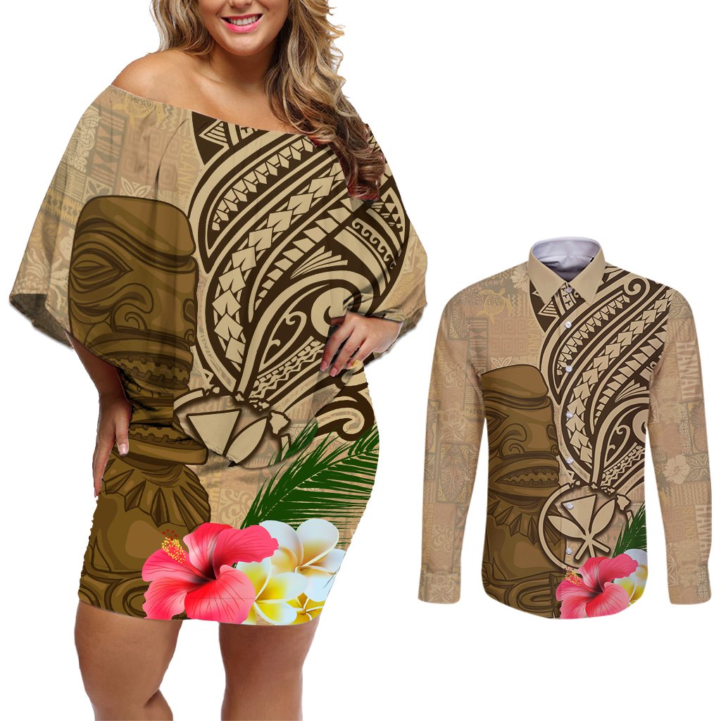 Hawaii Kanaloa Tiki Couples Matching Off Shoulder Short Dress and Long Sleeve Button Shirt Polynesian Tattoo and Tapa Pattern LT03 Beige - Polynesian Pride
