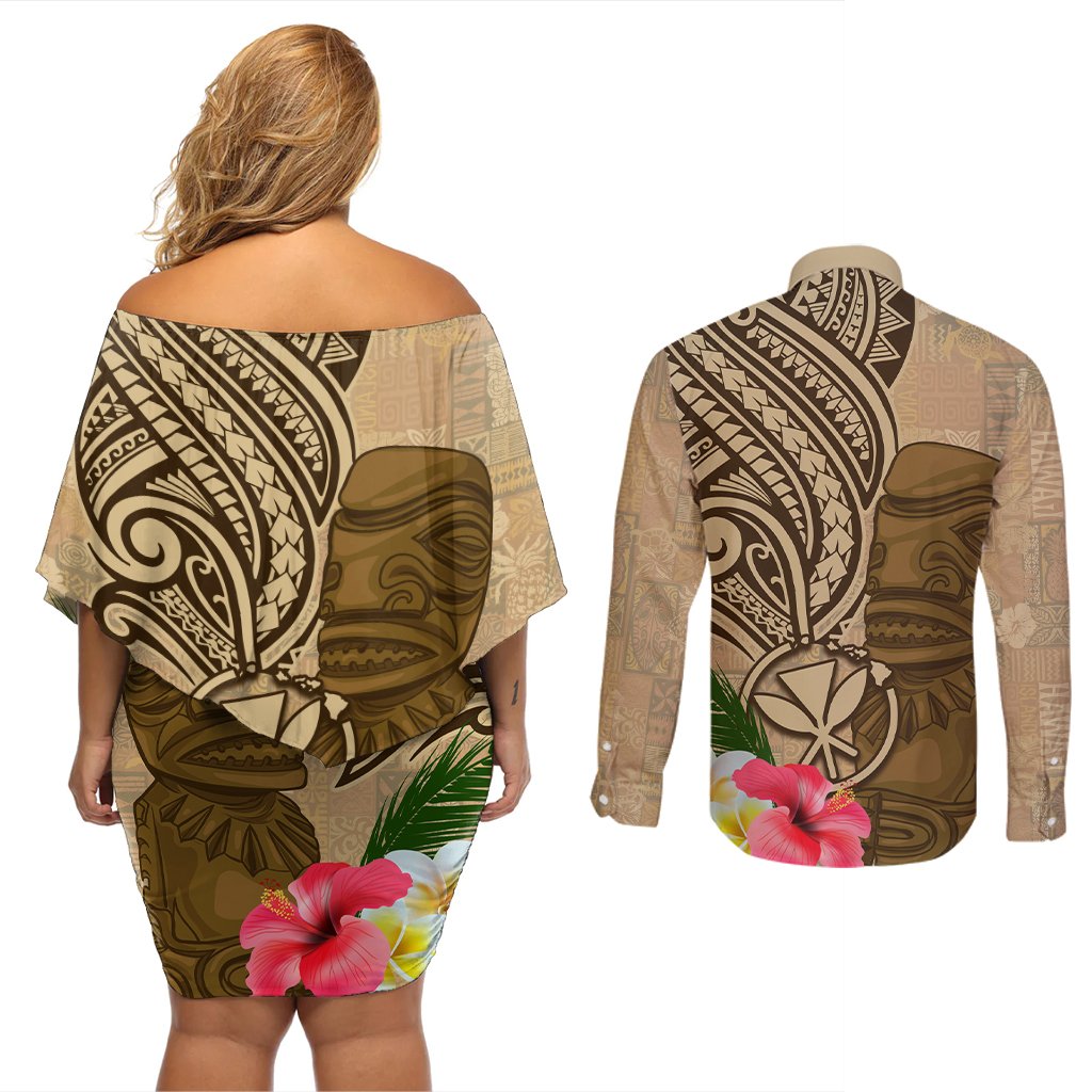 Hawaii Kanaloa Tiki Couples Matching Off Shoulder Short Dress and Long Sleeve Button Shirt Polynesian Tattoo and Tapa Pattern LT03 - Polynesian Pride