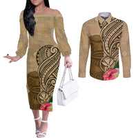 Hawaii Kanaloa Tiki Couples Matching Off The Shoulder Long Sleeve Dress and Long Sleeve Button Shirt Polynesian Tattoo and Tapa Pattern LT03 Beige - Polynesian Pride