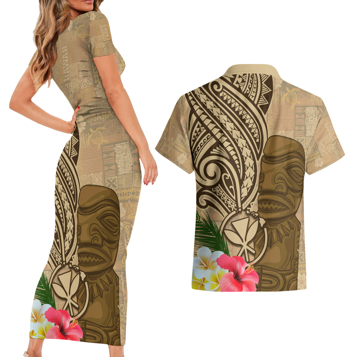 Hawaii Kanaloa Tiki Couples Matching Short Sleeve Bodycon Dress and Hawaiian Shirt Polynesian Tattoo and Tapa Pattern LT03 - Polynesian Pride