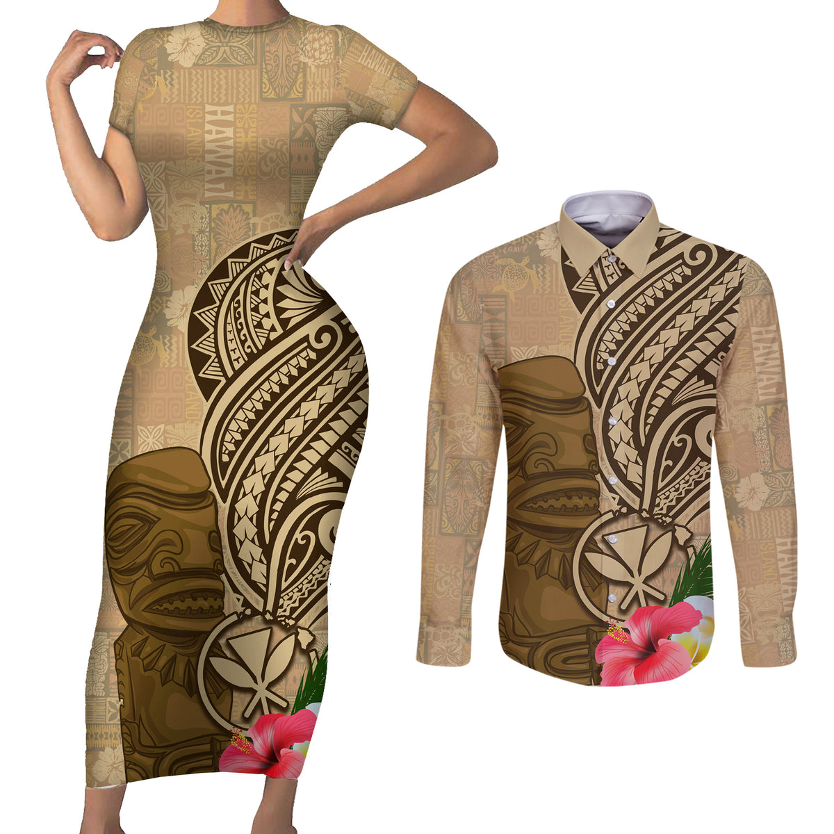 Hawaii Kanaloa Tiki Couples Matching Short Sleeve Bodycon Dress and Long Sleeve Button Shirt Polynesian Tattoo and Tapa Pattern LT03 Beige - Polynesian Pride