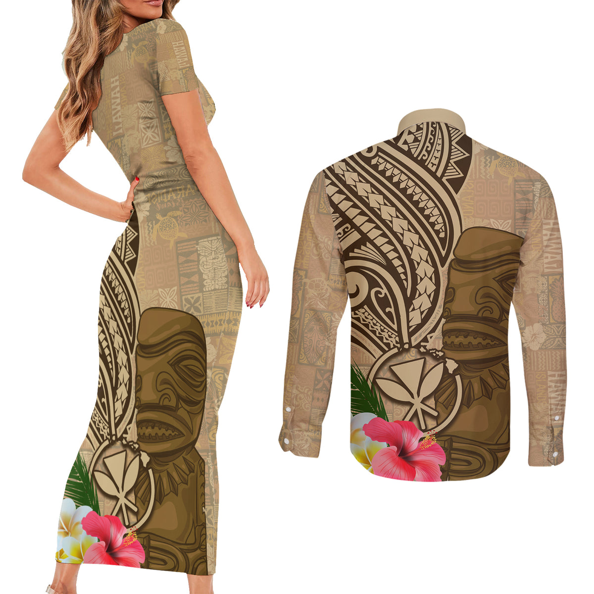 Hawaii Kanaloa Tiki Couples Matching Short Sleeve Bodycon Dress and Long Sleeve Button Shirt Polynesian Tattoo and Tapa Pattern LT03 - Polynesian Pride