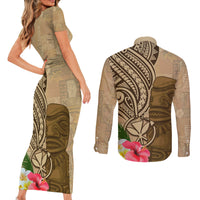 Hawaii Kanaloa Tiki Couples Matching Short Sleeve Bodycon Dress and Long Sleeve Button Shirt Polynesian Tattoo and Tapa Pattern LT03 - Polynesian Pride
