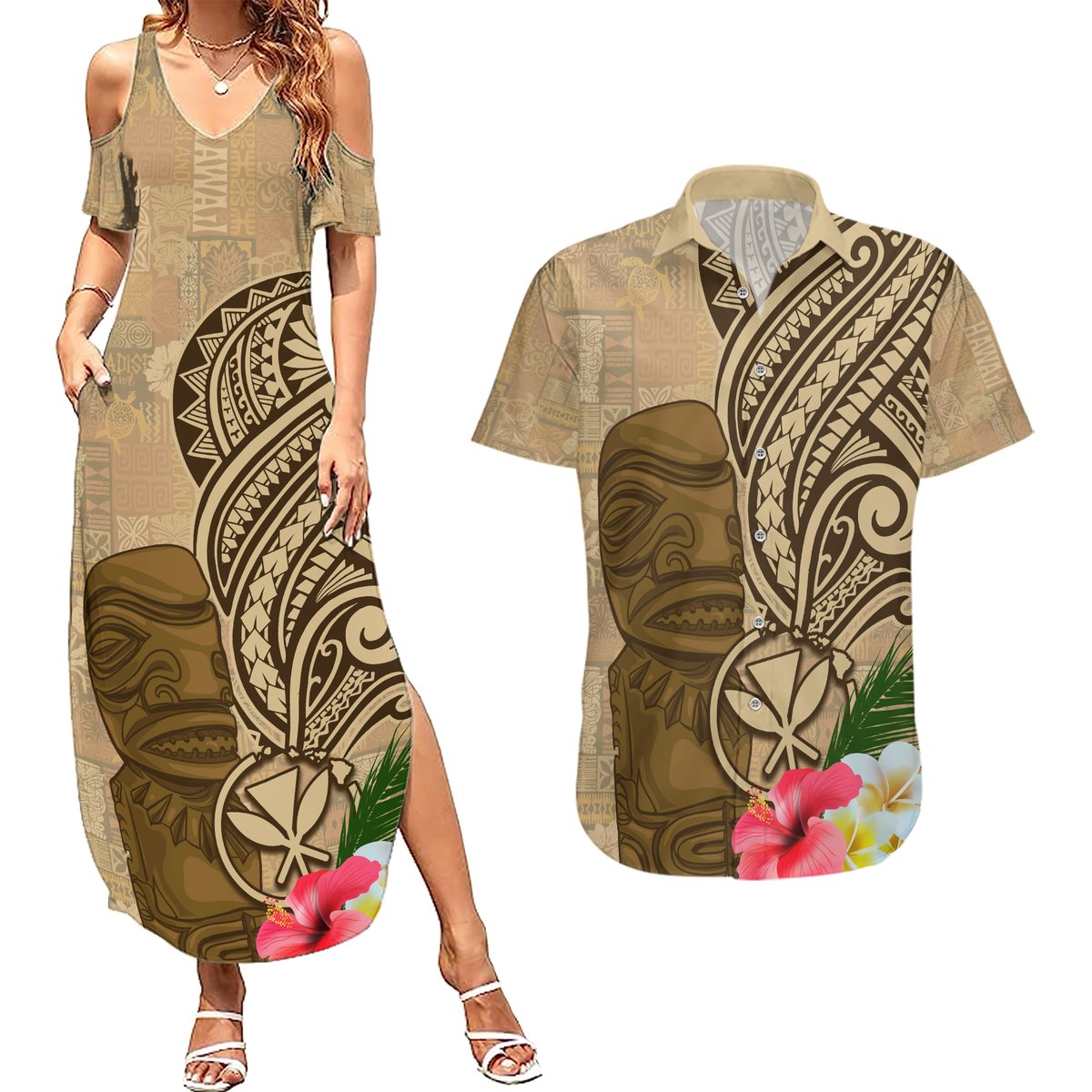 Hawaii Kanaloa Tiki Couples Matching Summer Maxi Dress and Hawaiian Shirt Polynesian Tattoo and Tapa Pattern LT03 Beige - Polynesian Pride