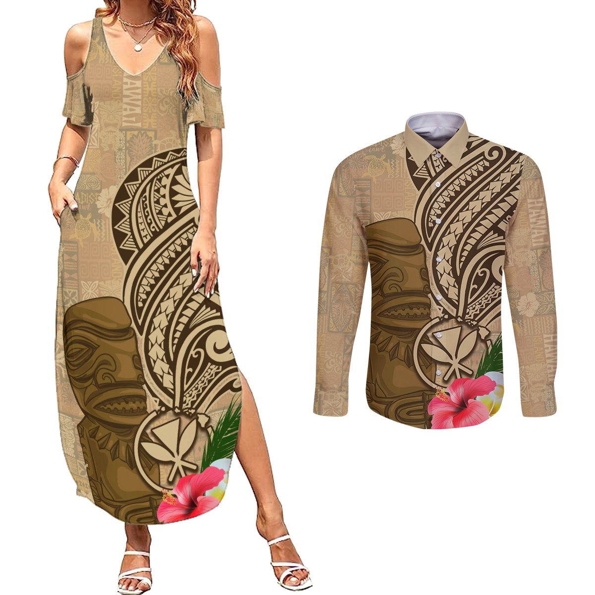 Hawaii Kanaloa Tiki Couples Matching Summer Maxi Dress and Long Sleeve Button Shirt Polynesian Tattoo and Tapa Pattern