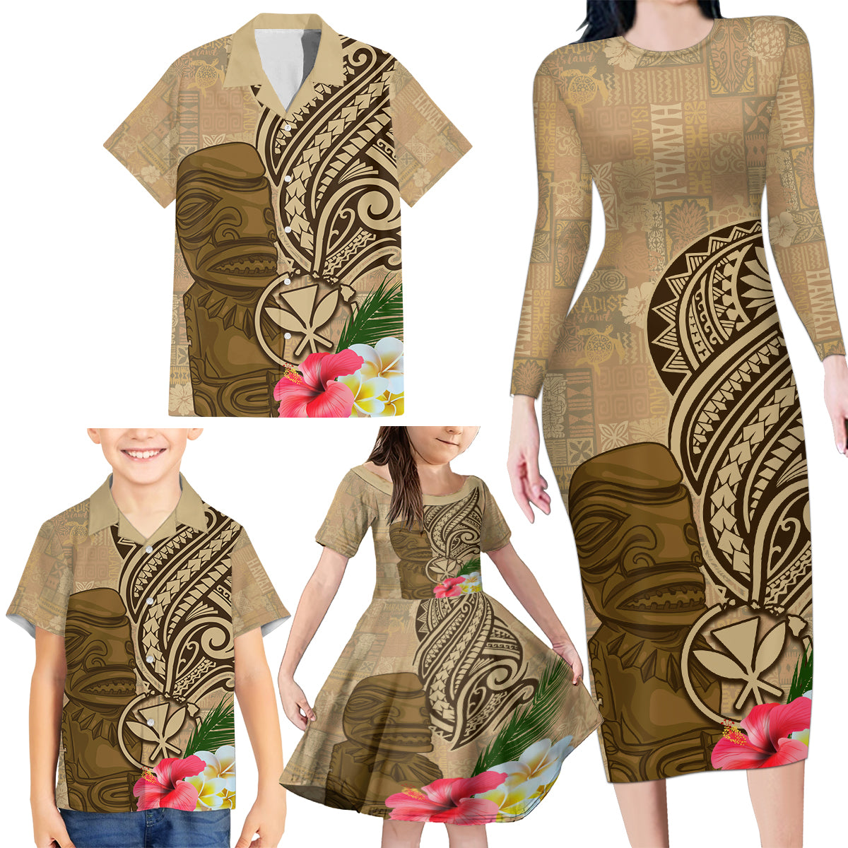 Hawaii Kanaloa Tiki Family Matching Long Sleeve Bodycon Dress and Hawaiian Shirt Polynesian Tattoo and Tapa Pattern LT03 - Polynesian Pride