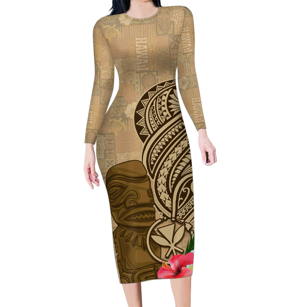 Hawaii Kanaloa Tiki Family Matching Long Sleeve Bodycon Dress and Hawaiian Shirt Polynesian Tattoo and Tapa Pattern LT03 Mom's Dress Beige - Polynesian Pride