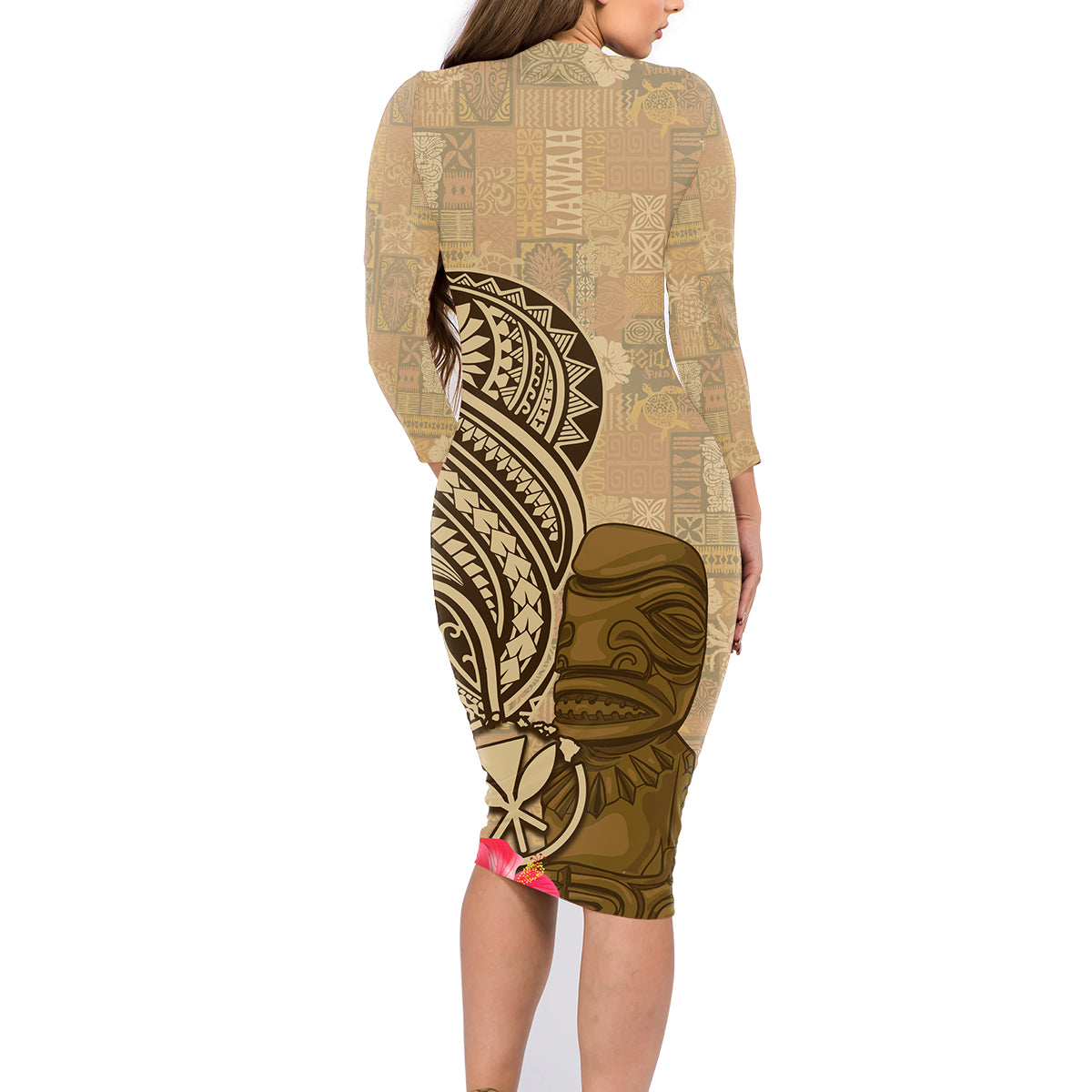 Hawaii Kanaloa Tiki Family Matching Long Sleeve Bodycon Dress and Hawaiian Shirt Polynesian Tattoo and Tapa Pattern LT03 - Polynesian Pride