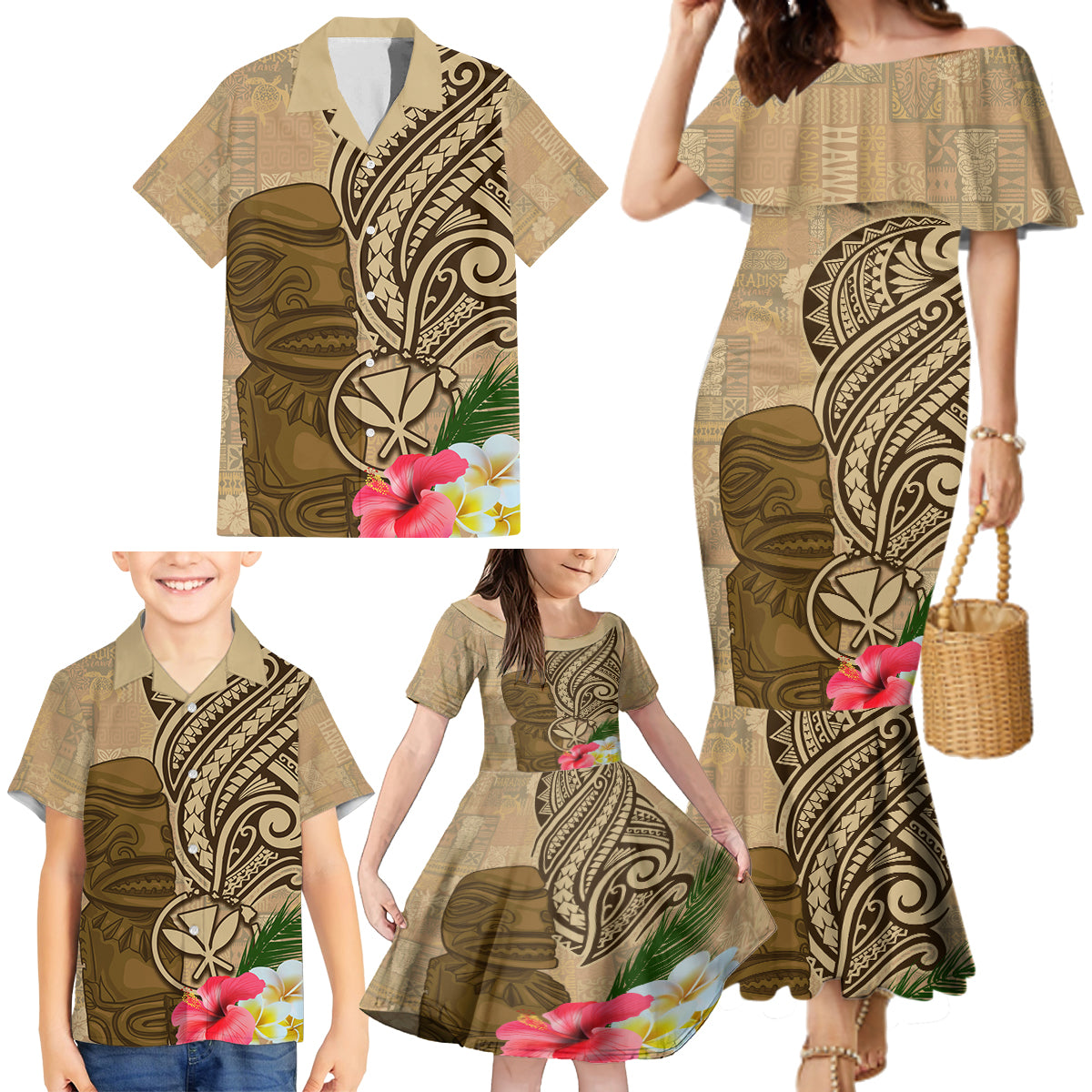 Hawaii Kanaloa Tiki Family Matching Mermaid Dress and Hawaiian Shirt Polynesian Tattoo and Tapa Pattern LT03 - Polynesian Pride