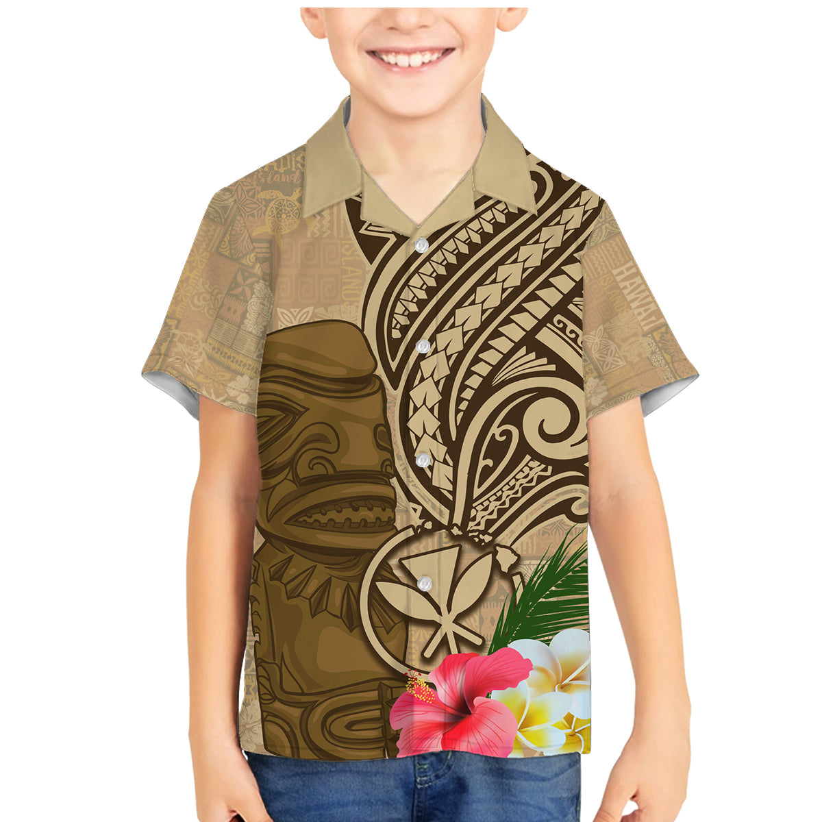 Hawaii Kanaloa Tiki Family Matching Mermaid Dress and Hawaiian Shirt Polynesian Tattoo and Tapa Pattern LT03 Son's Shirt Beige - Polynesian Pride