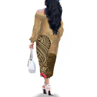 Hawaii Kanaloa Tiki Family Matching Off The Shoulder Long Sleeve Dress and Hawaiian Shirt Polynesian Tattoo and Tapa Pattern LT03 - Polynesian Pride