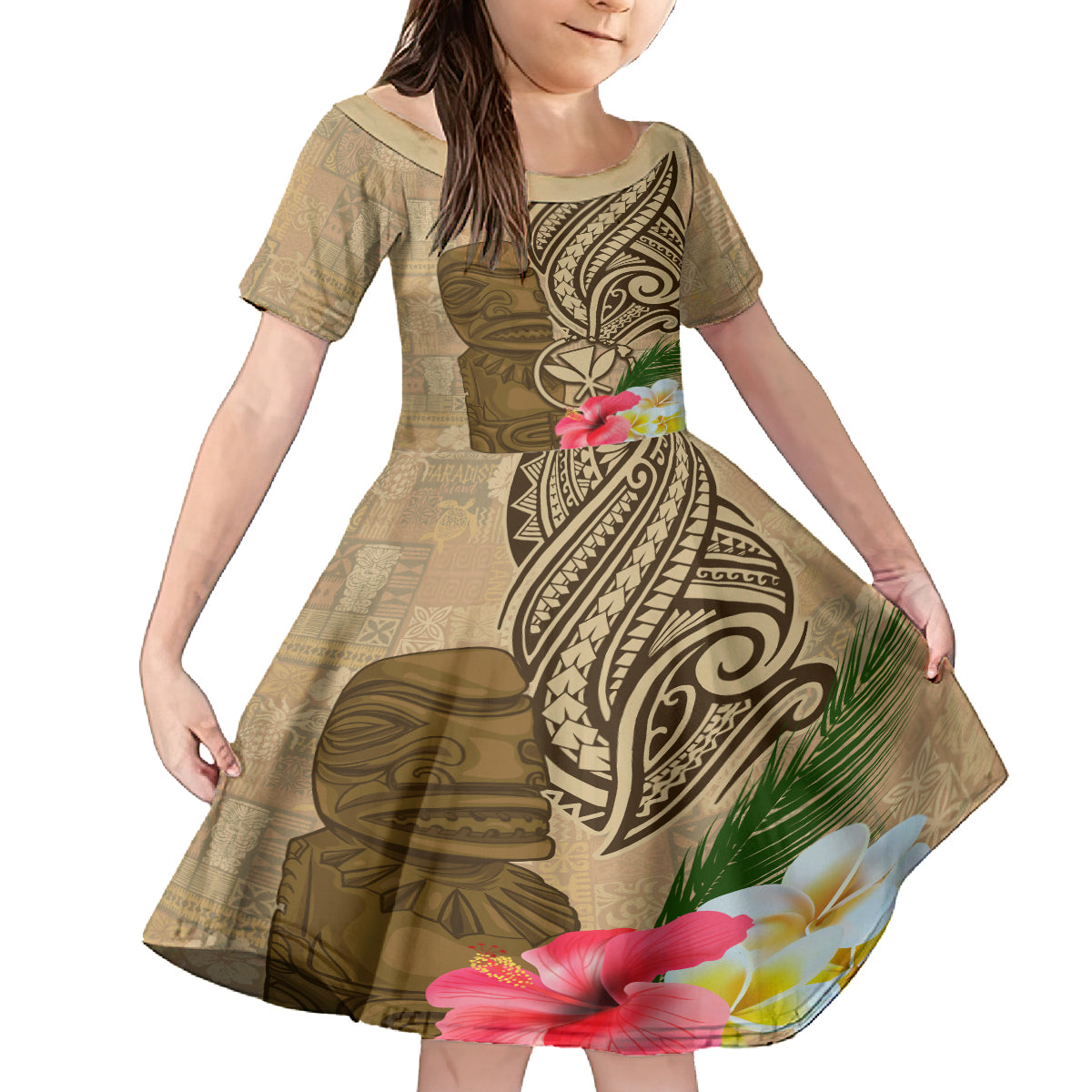 Hawaii Kanaloa Tiki Family Matching Off Shoulder Maxi Dress and Hawaiian Shirt Polynesian Tattoo and Tapa Pattern LT03 Daughter's Dress Beige - Polynesian Pride