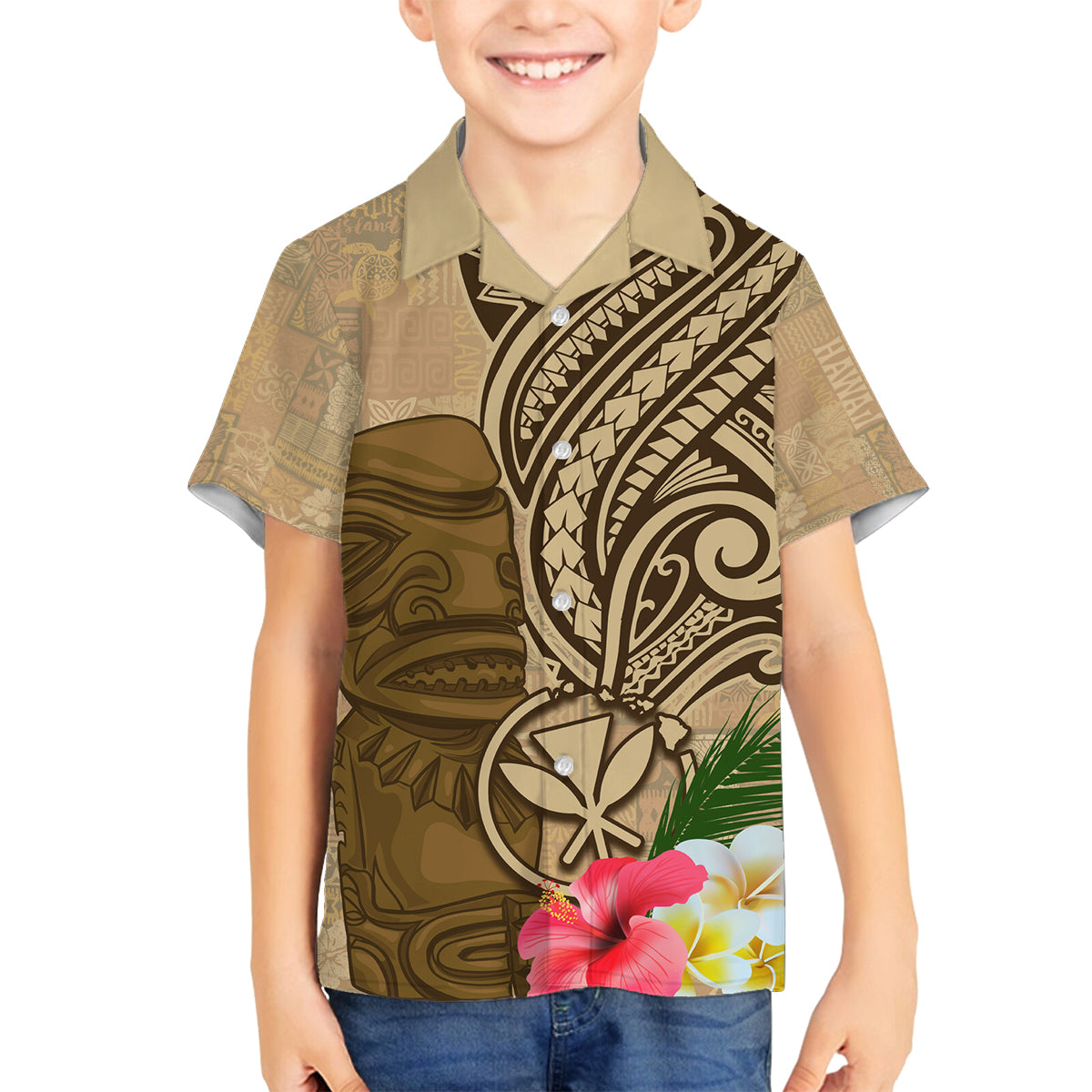 Hawaii Kanaloa Tiki Family Matching Off Shoulder Maxi Dress and Hawaiian Shirt Polynesian Tattoo and Tapa Pattern LT03 Son's Shirt Beige - Polynesian Pride