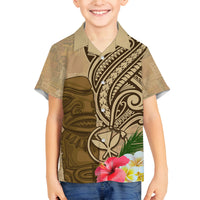 Hawaii Kanaloa Tiki Family Matching Off Shoulder Maxi Dress and Hawaiian Shirt Polynesian Tattoo and Tapa Pattern LT03 Son's Shirt Beige - Polynesian Pride