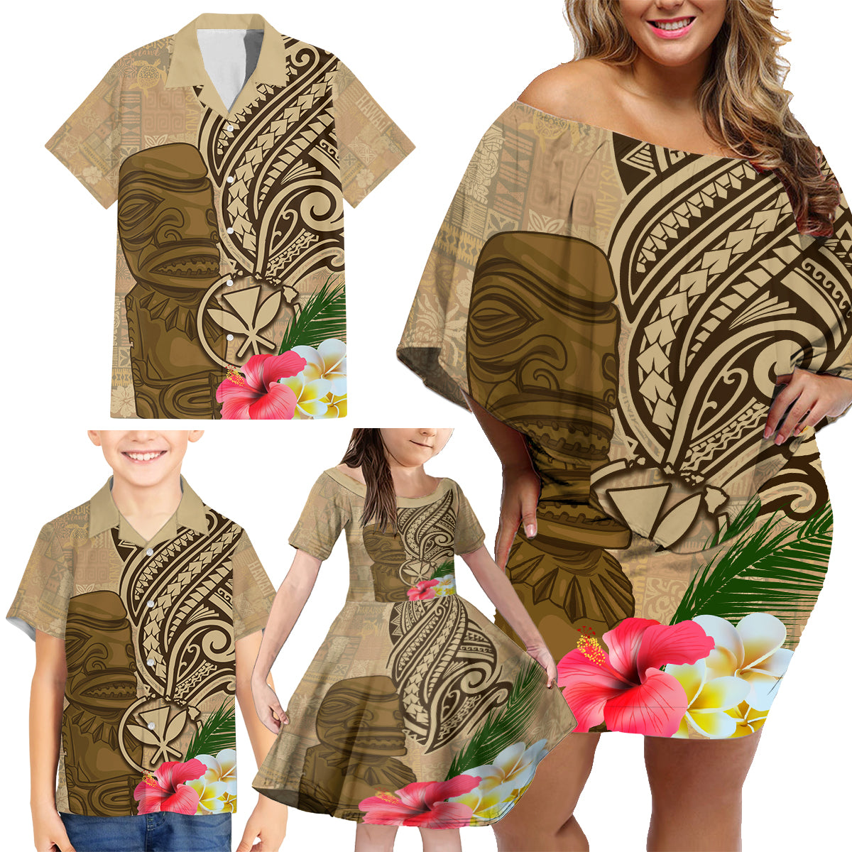Hawaii Kanaloa Tiki Family Matching Off Shoulder Short Dress and Hawaiian Shirt Polynesian Tattoo and Tapa Pattern LT03 - Polynesian Pride