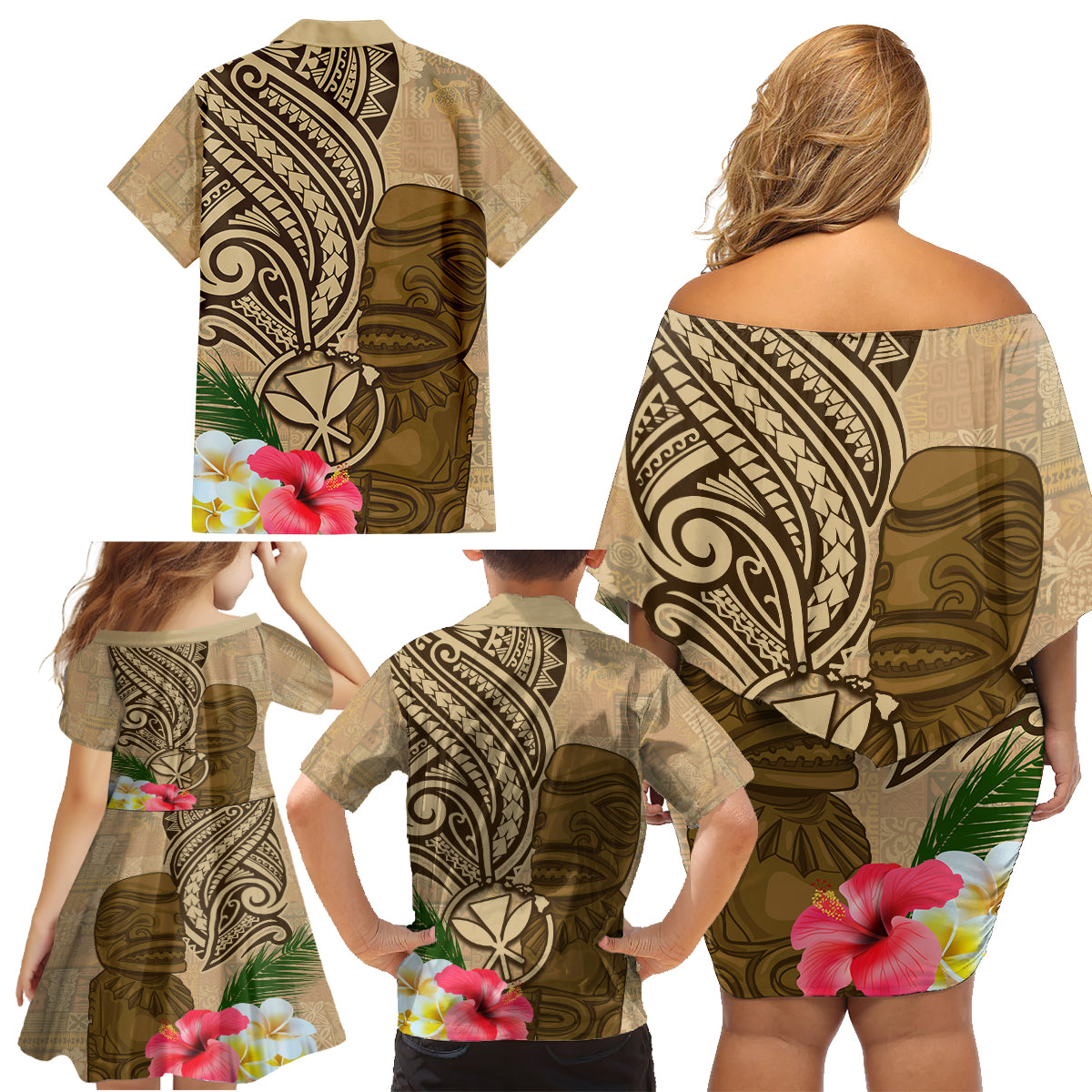 Hawaii Kanaloa Tiki Family Matching Off Shoulder Short Dress and Hawaiian Shirt Polynesian Tattoo and Tapa Pattern LT03 - Polynesian Pride