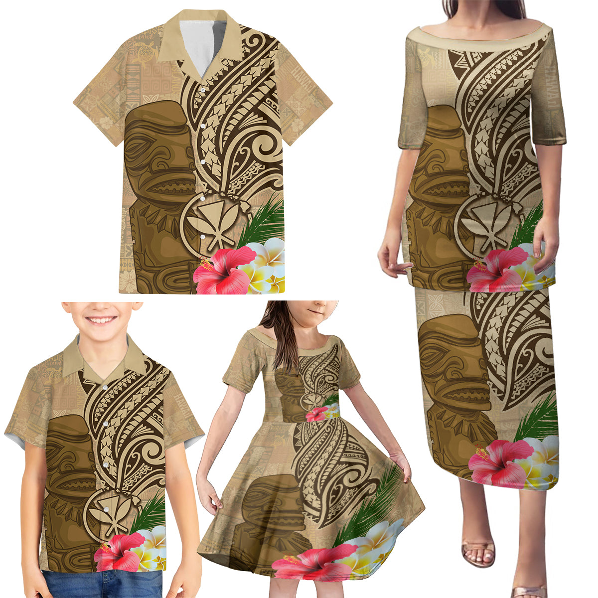 Hawaii Kanaloa Tiki Family Matching Puletasi and Hawaiian Shirt Polynesian Tattoo and Tapa Pattern LT03 - Polynesian Pride