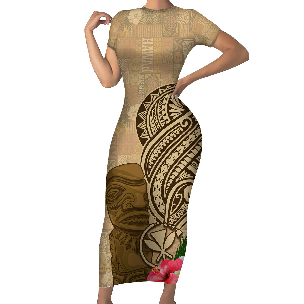 Hawaii Kanaloa Tiki Family Matching Short Sleeve Bodycon Dress and Hawaiian Shirt Polynesian Tattoo and Tapa Pattern LT03 Mom's Dress Beige - Polynesian Pride