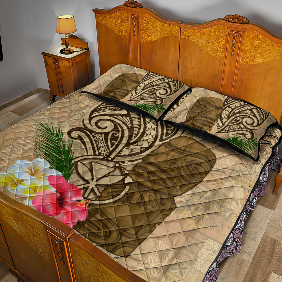 Hawaii Kanaloa Tiki Quilt Bed Set Polynesian Tattoo and Tapa Pattern