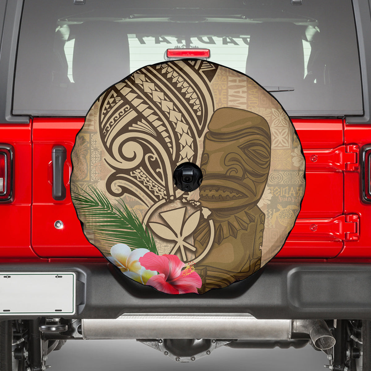 Hawaii Kanaloa Tiki Spare Tire Cover Polynesian Tattoo and Tapa Pattern
