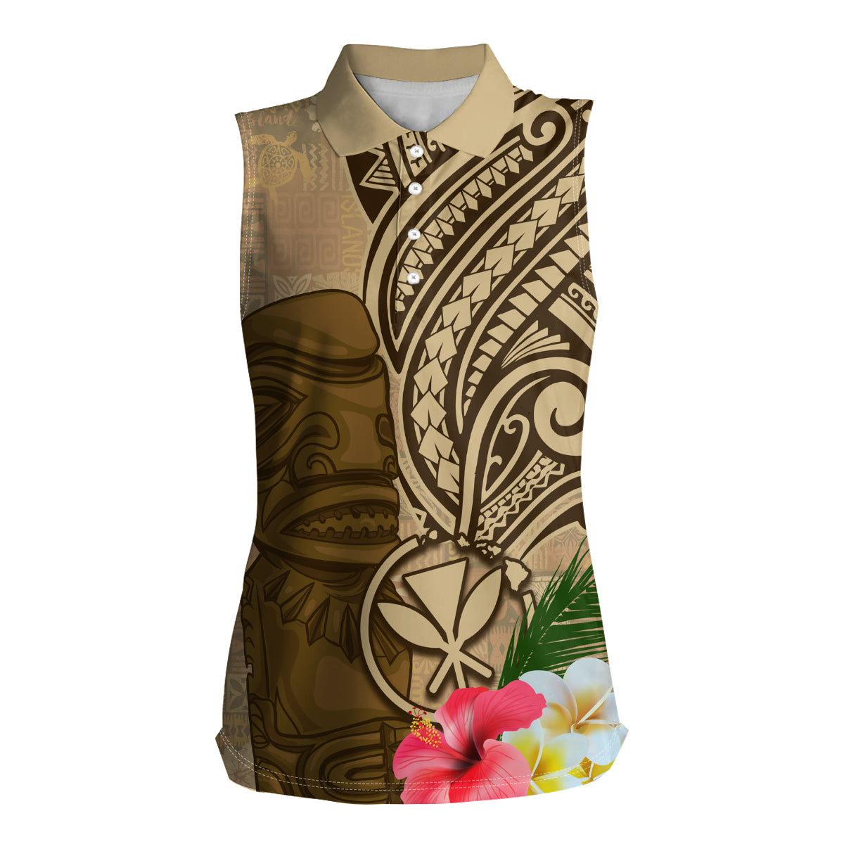 Hawaii Kanaloa Tiki Women Sleeveless Polo Shirt Polynesian Tattoo and Tapa Pattern LT03 Female Beige - Polynesian Pride