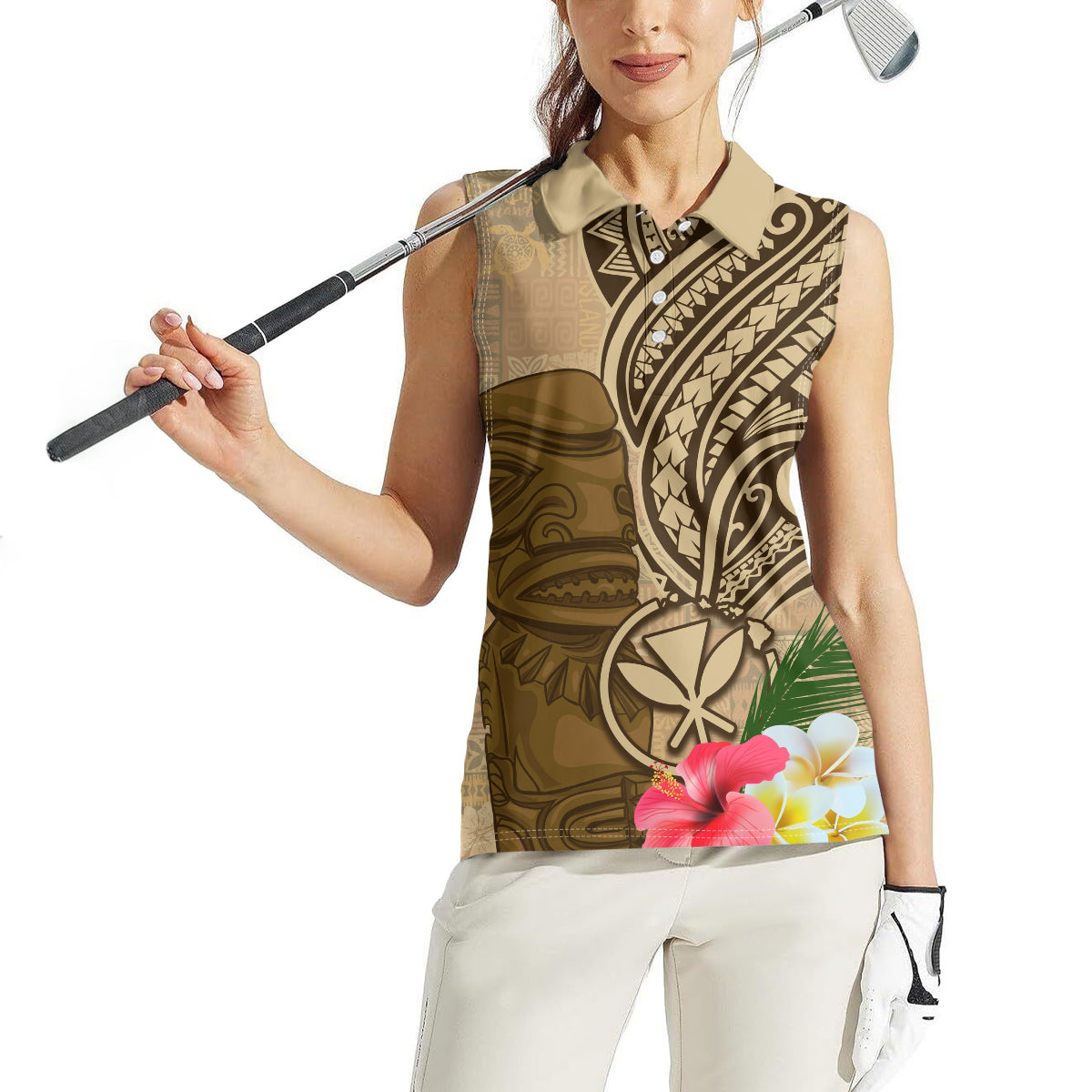 Hawaii Kanaloa Tiki Women Sleeveless Polo Shirt Polynesian Tattoo and Tapa Pattern LT03 - Polynesian Pride