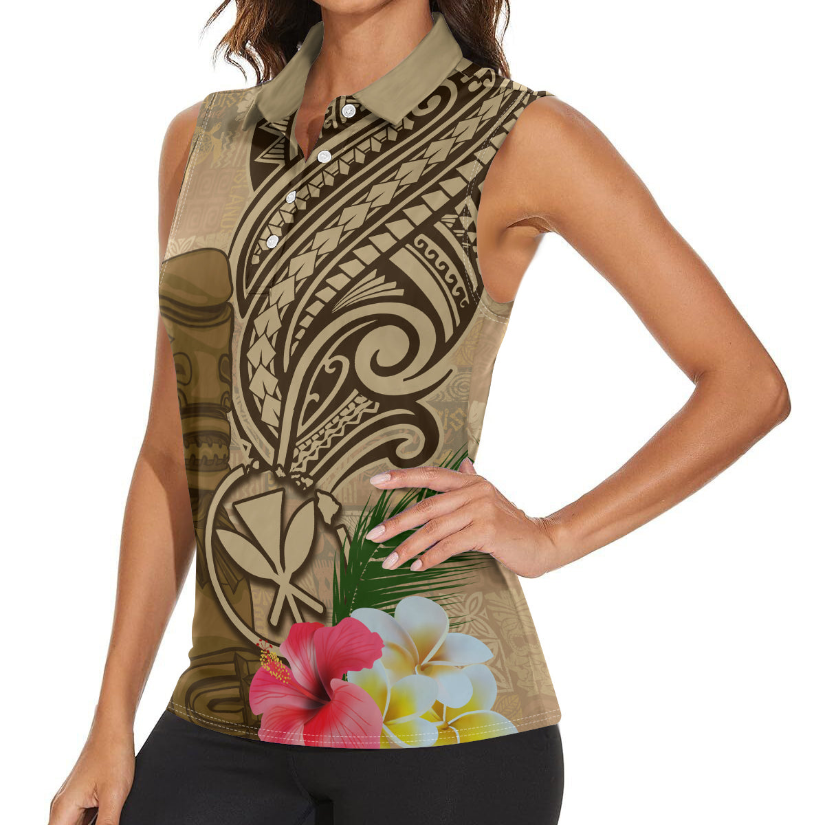 Hawaii Kanaloa Tiki Women Sleeveless Polo Shirt Polynesian Tattoo and Tapa Pattern LT03 - Polynesian Pride