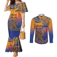 Hawaiki Nui Va'a Solo French Polynesia Couples Matching Mermaid Dress and Long Sleeve Button Shirt Sunset Color LT03 Yellow - Polynesian Pride