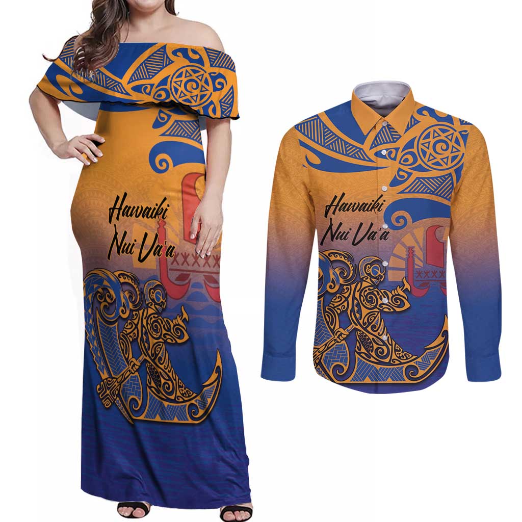Hawaiki Nui Va'a Solo French Polynesia Couples Matching Off Shoulder Maxi Dress and Long Sleeve Button Shirt Sunset Color LT03 Yellow - Polynesian Pride