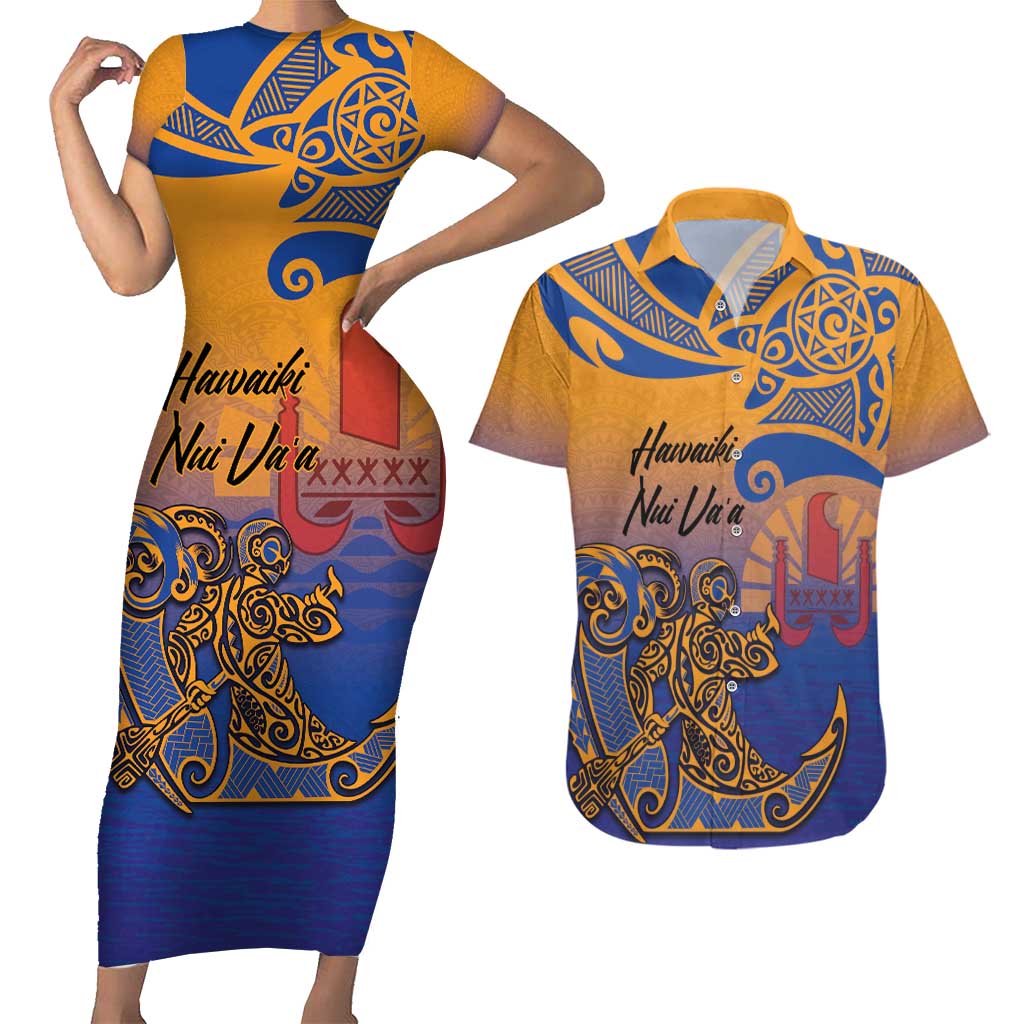 Hawaiki Nui Va'a Solo French Polynesia Couples Matching Short Sleeve Bodycon Dress and Hawaiian Shirt Sunset Color LT03 Yellow - Polynesian Pride