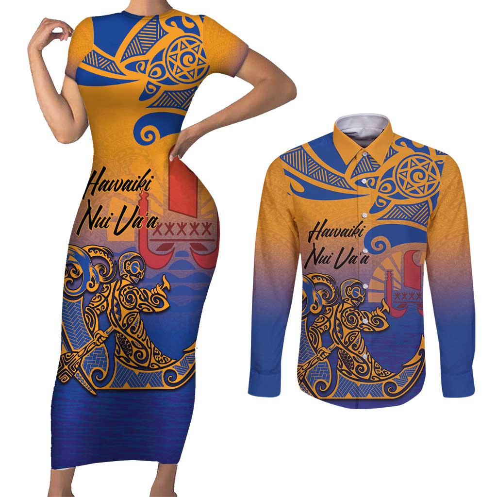 Hawaiki Nui Va'a Solo French Polynesia Couples Matching Short Sleeve Bodycon Dress and Long Sleeve Button Shirt Sunset Color LT03 Yellow - Polynesian Pride