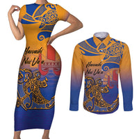 Hawaiki Nui Va'a Solo French Polynesia Couples Matching Short Sleeve Bodycon Dress and Long Sleeve Button Shirt Sunset Color LT03 Yellow - Polynesian Pride