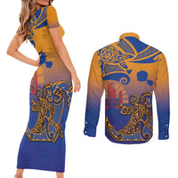 Hawaiki Nui Va'a Solo French Polynesia Couples Matching Short Sleeve Bodycon Dress and Long Sleeve Button Shirt Sunset Color LT03 - Polynesian Pride