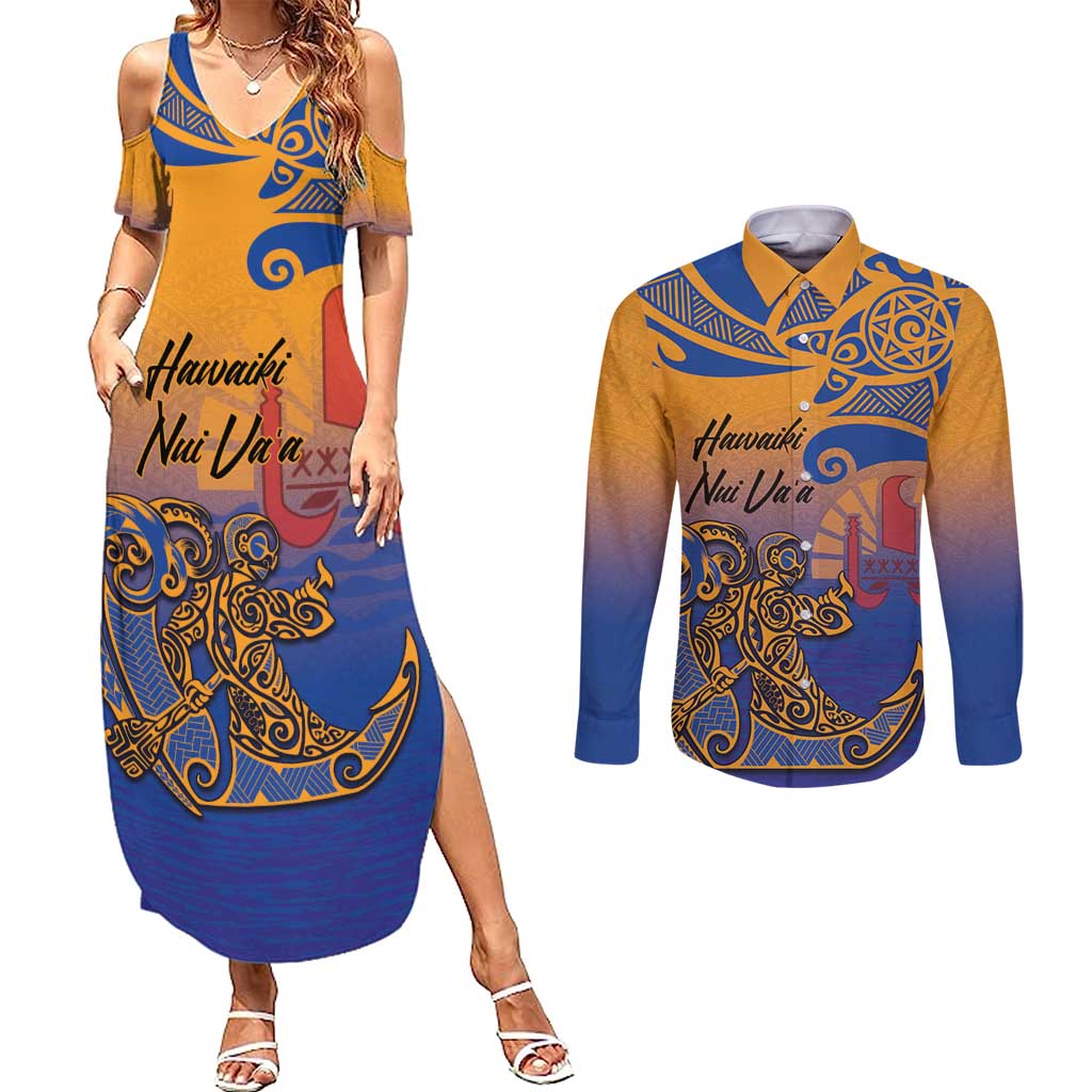 Hawaiki Nui Va'a Solo French Polynesia Couples Matching Summer Maxi Dress and Long Sleeve Button Shirt Sunset Color LT03 Yellow - Polynesian Pride