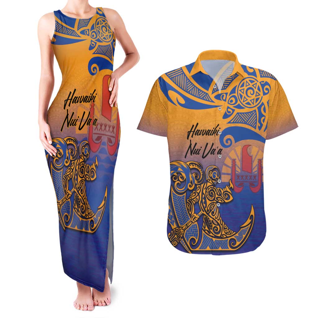 Hawaiki Nui Va'a Solo French Polynesia Couples Matching Tank Maxi Dress and Hawaiian Shirt Sunset Color LT03 Yellow - Polynesian Pride