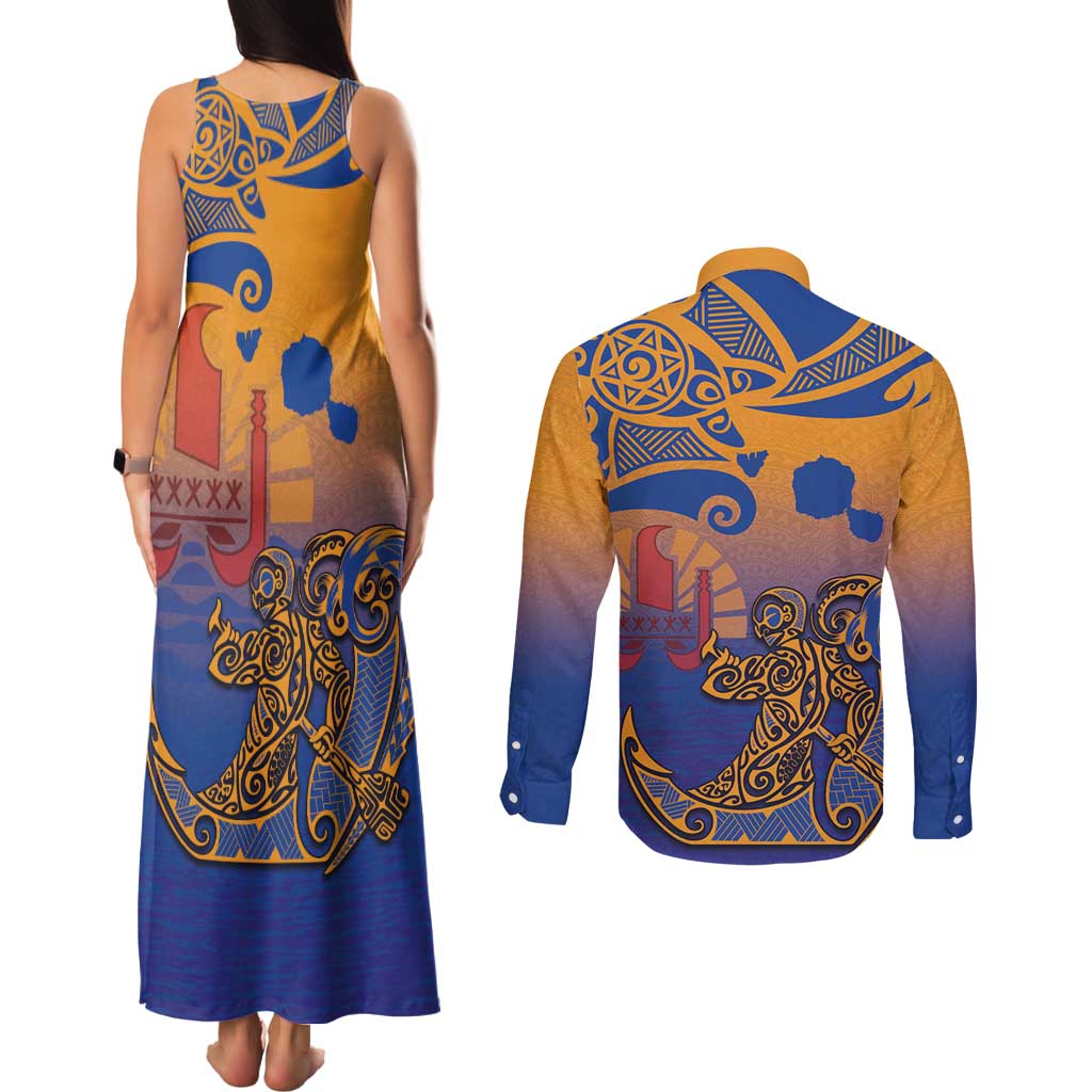 Hawaiki Nui Va'a Solo French Polynesia Couples Matching Tank Maxi Dress and Long Sleeve Button Shirt Sunset Color LT03 - Polynesian Pride