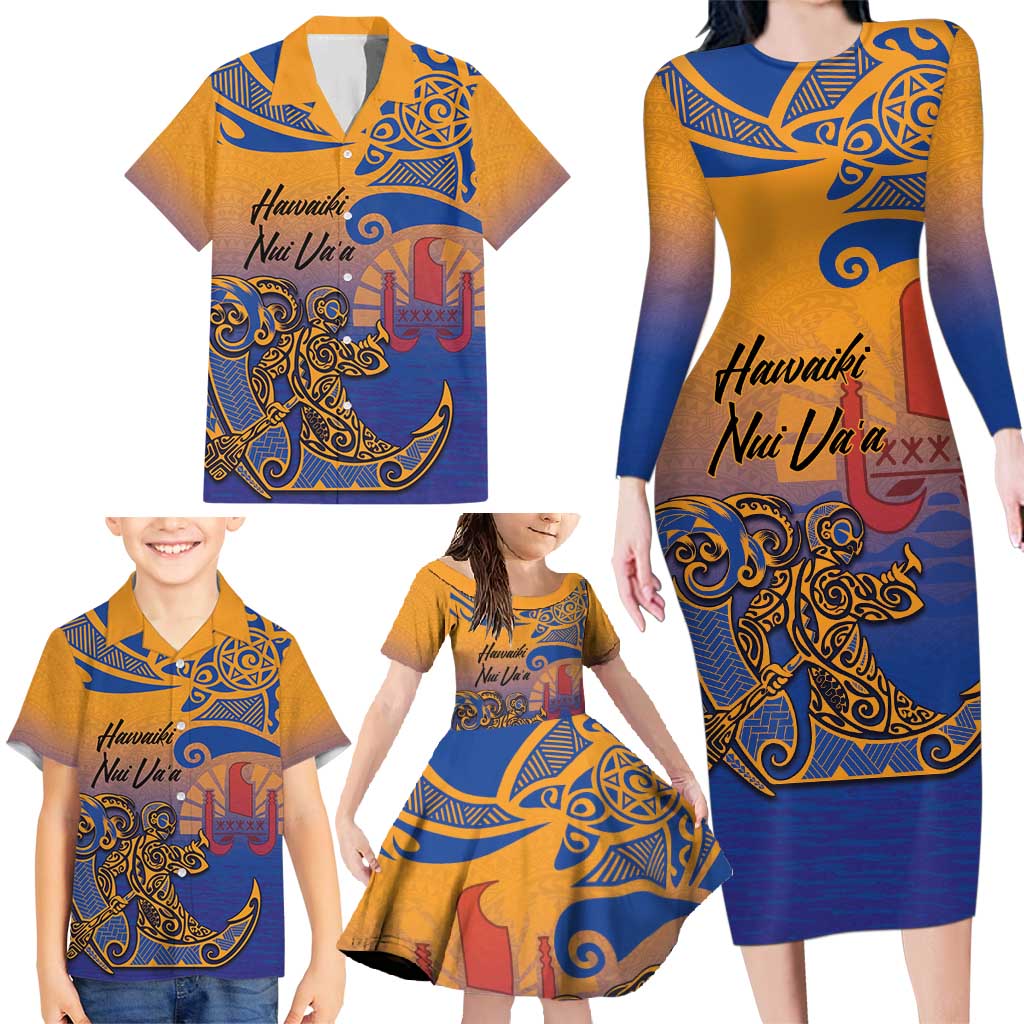 Hawaiki Nui Va'a Solo French Polynesia Family Matching Long Sleeve Bodycon Dress and Hawaiian Shirt Sunset Color LT03 - Polynesian Pride