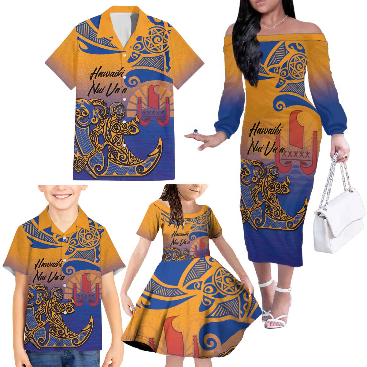 Hawaiki Nui Va'a Solo French Polynesia Family Matching Off The Shoulder Long Sleeve Dress and Hawaiian Shirt Sunset Color LT03 - Polynesian Pride