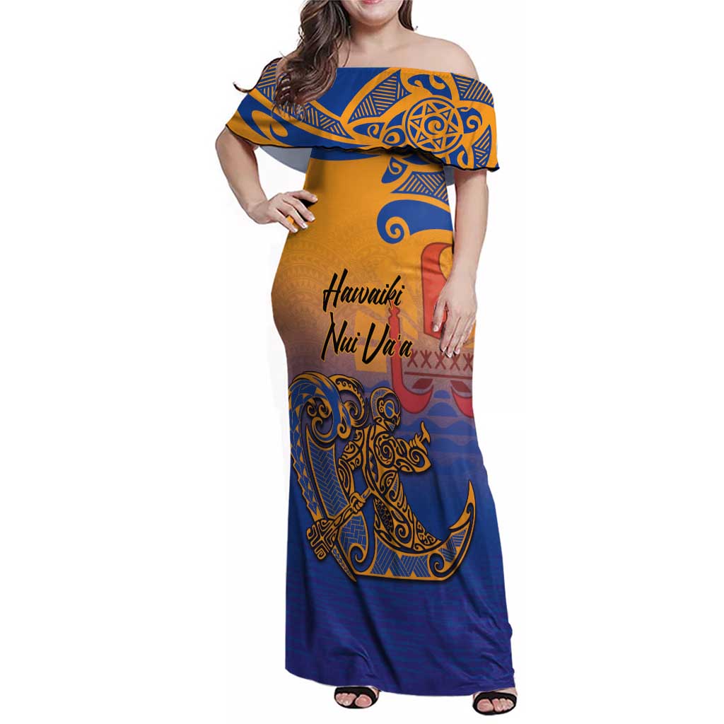 Hawaiki Nui Va'a Solo French Polynesia Family Matching Off Shoulder Maxi Dress and Hawaiian Shirt Sunset Color LT03 Mom's Dress Yellow - Polynesian Pride