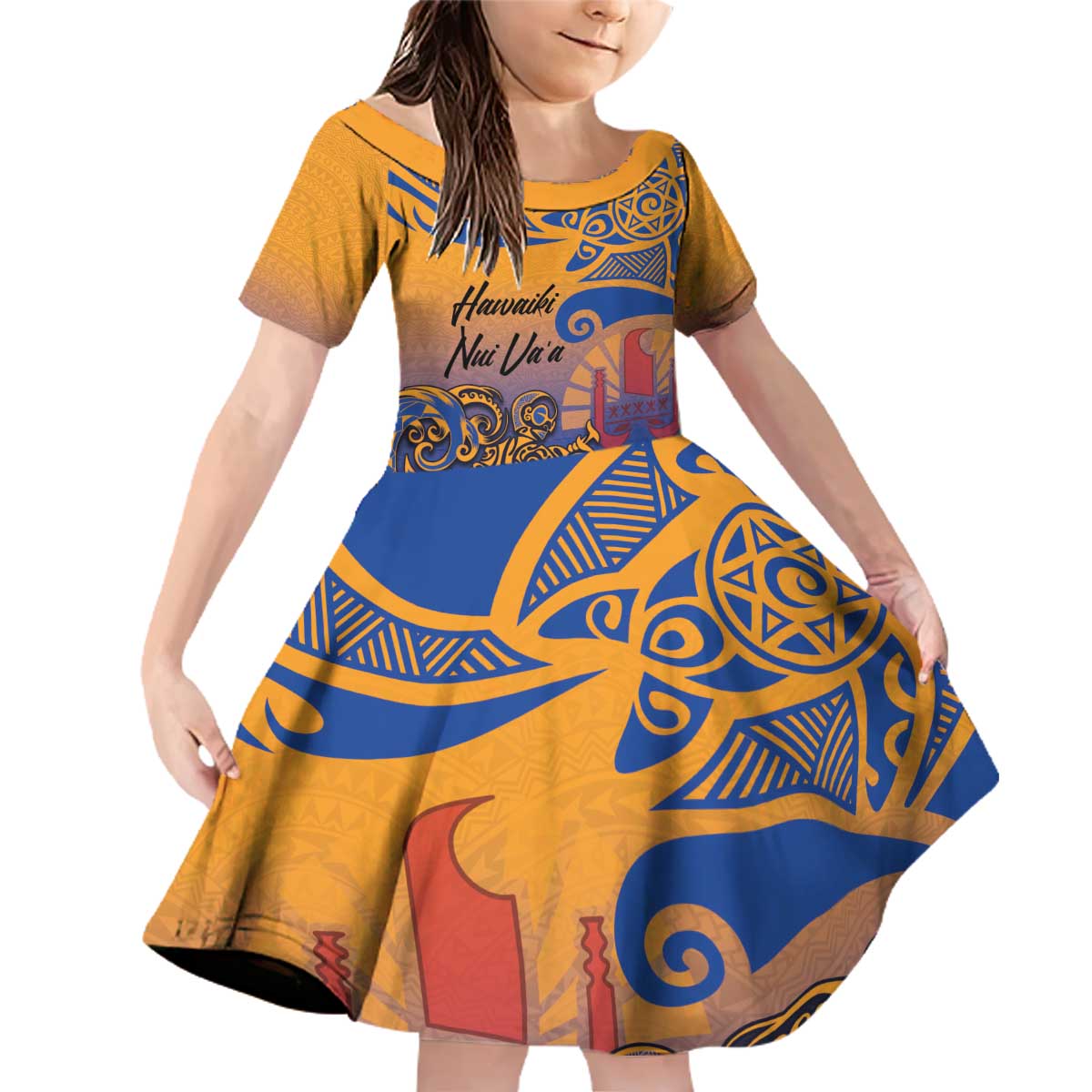 Hawaiki Nui Va'a Solo French Polynesia Family Matching Off Shoulder Short Dress and Hawaiian Shirt Sunset Color LT03 Daughter's Dress Yellow - Polynesian Pride
