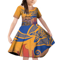 Hawaiki Nui Va'a Solo French Polynesia Family Matching Off Shoulder Short Dress and Hawaiian Shirt Sunset Color LT03 Daughter's Dress Yellow - Polynesian Pride