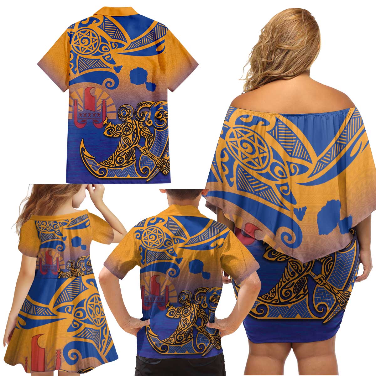 Hawaiki Nui Va'a Solo French Polynesia Family Matching Off Shoulder Short Dress and Hawaiian Shirt Sunset Color LT03 - Polynesian Pride