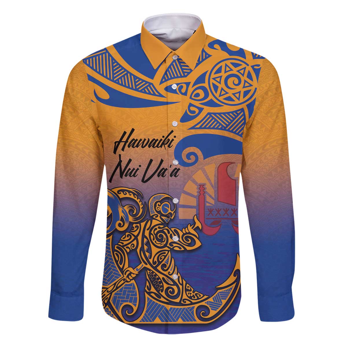Hawaiki Nui Va'a Solo French Polynesia Family Matching Off Shoulder Short Dress and Hawaiian Shirt Sunset Color LT03 Dad's Shirt - Long Sleeve Yellow - Polynesian Pride