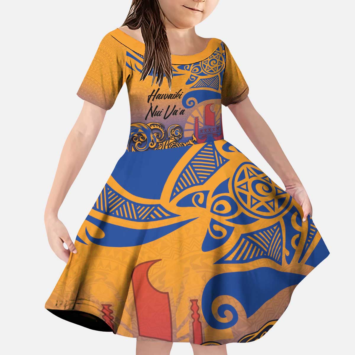 Hawaiki Nui Va'a Solo French Polynesia Family Matching Puletasi and Hawaiian Shirt Sunset Color LT03 Daughter's Dress Yellow - Polynesian Pride