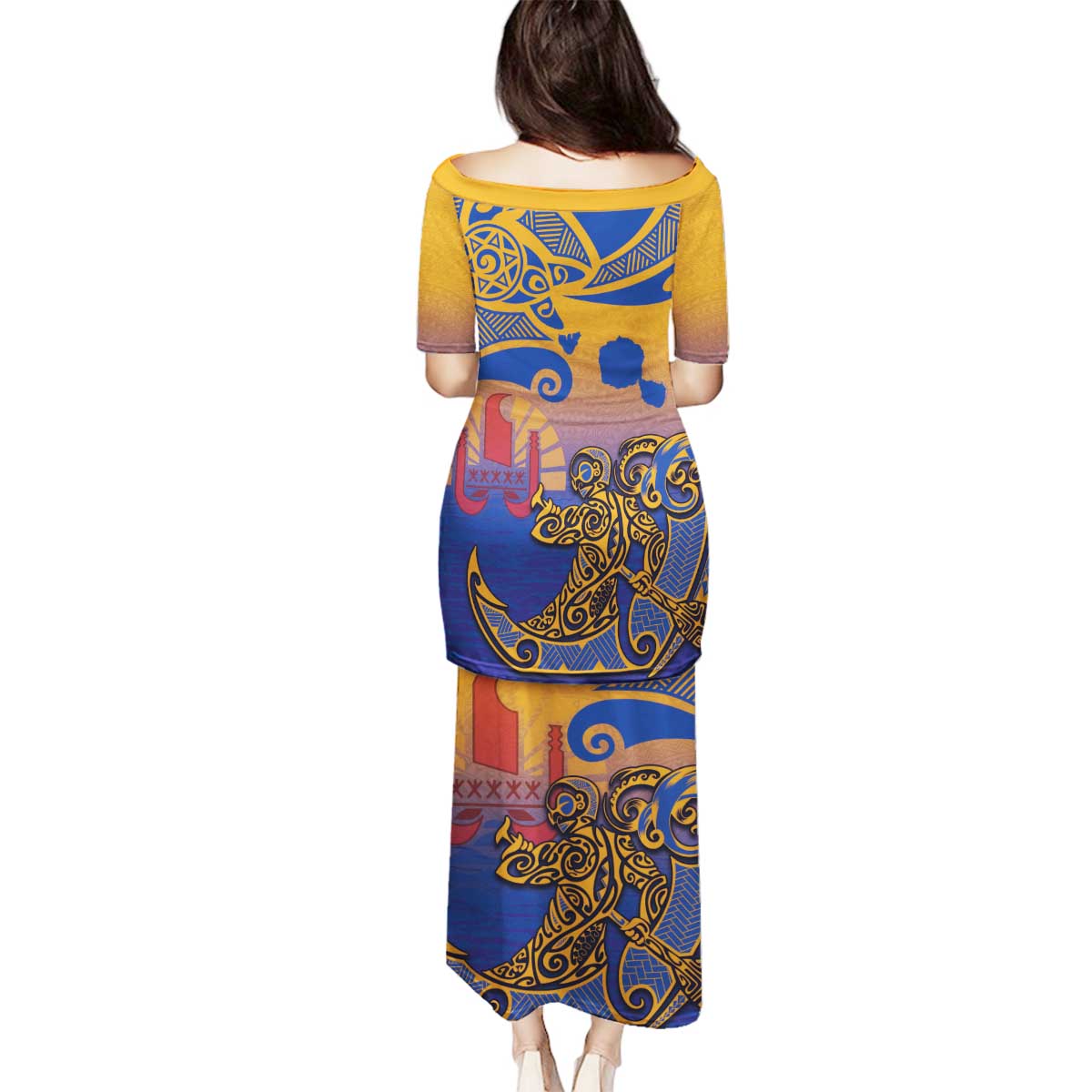 Hawaiki Nui Va'a Solo French Polynesia Family Matching Puletasi and Hawaiian Shirt Sunset Color LT03 - Polynesian Pride